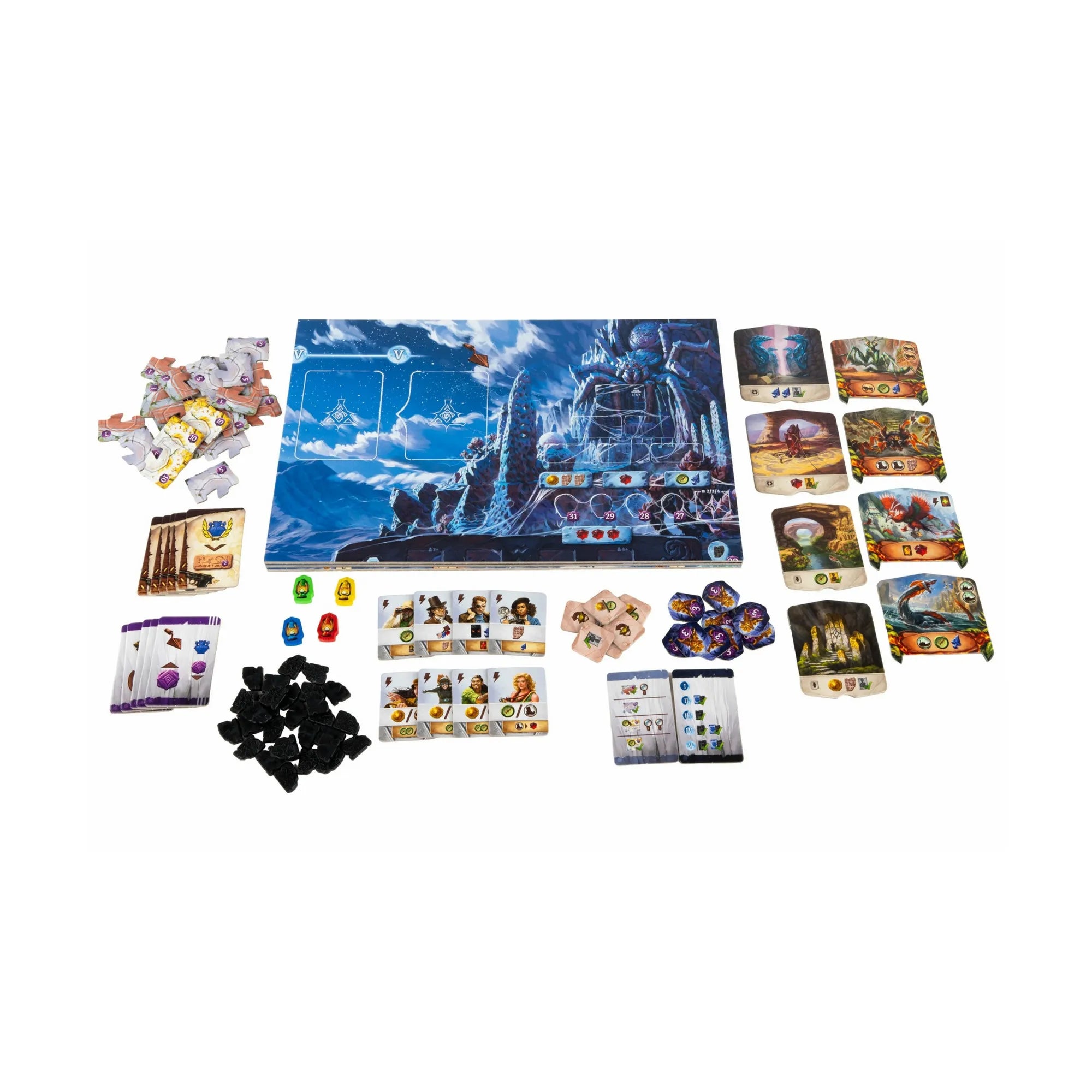 Arnak elveszett romjai: Sötét útvesztők magyar nyelvű kiegészítő teljes játéktartalom kiterítve.