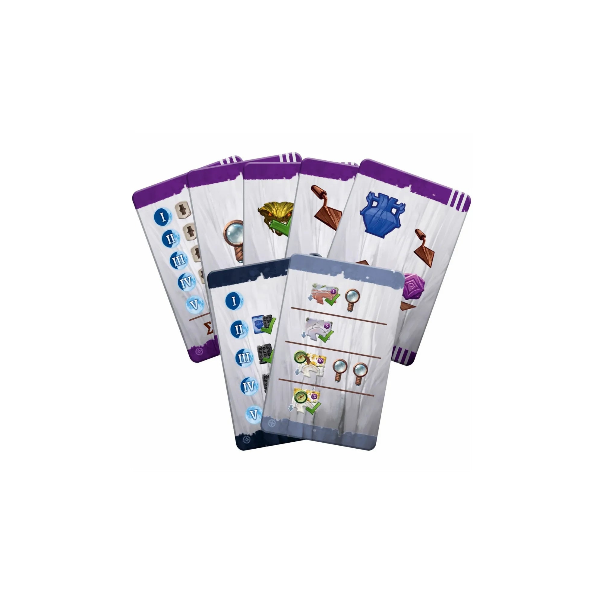 Arnak elveszett romjai: Sötét útvesztők magyar nyelvű kiegészítő kártyák közelről, ikonokkal és jelölésekkel.