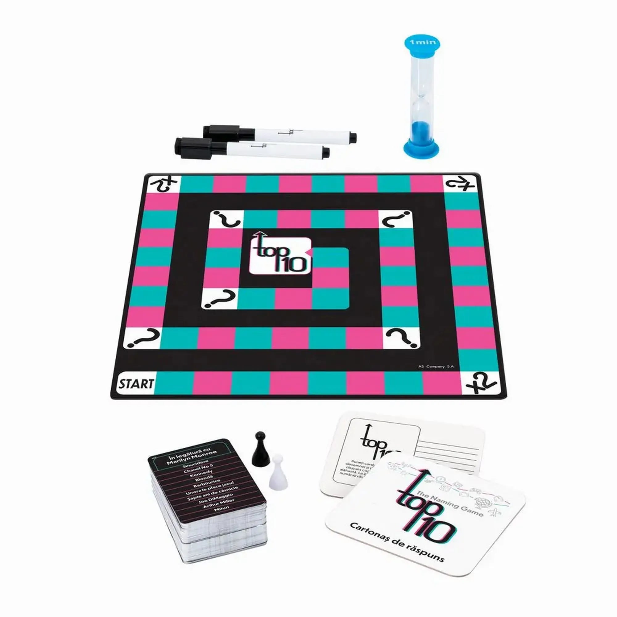 Top 10 társasjáték teljes tartalma: játéktábla, kártyapakli, válaszlapok, bábuk, filcek és homokóra.