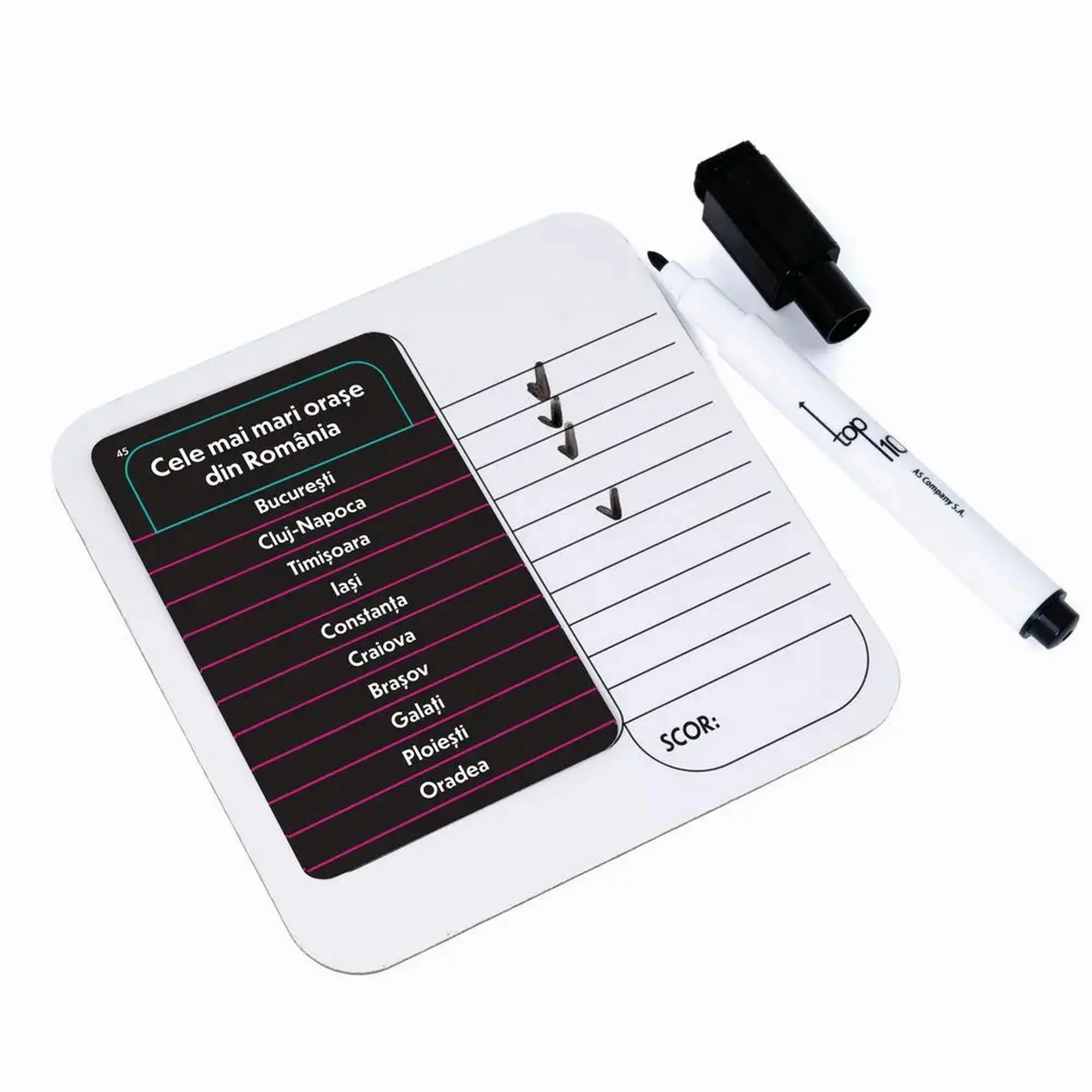 op 10 társasjáték törölhető válaszlapja filctollal és példa témakártyával.