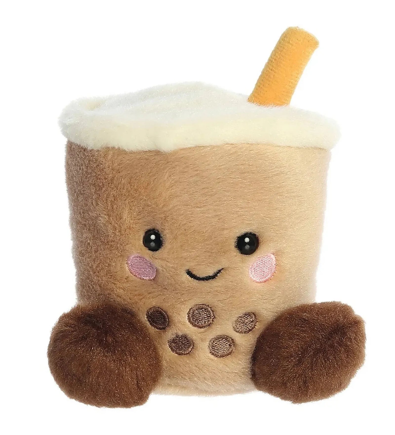 Boba tea plüss – elölnézeti kép a mosolygós bubble tea plüssről, rózsaszín pofikkal és részletes hímzett mintával.