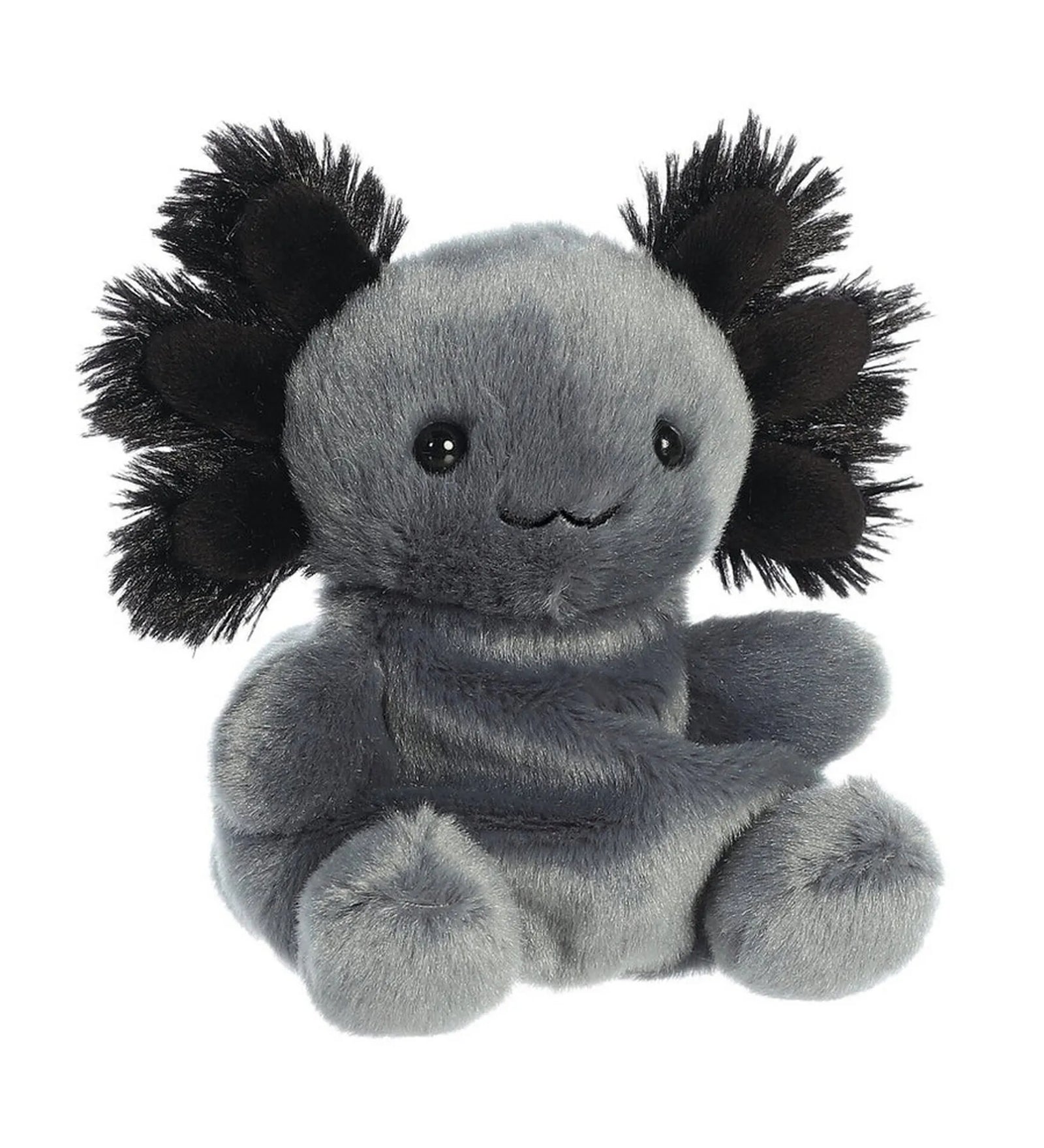 Aurora Palm Pals fekete axolotl plüss 13 cm méretben, puha szürke testtel, fekete bolyhos kopoltyúkkal és aranyos arckifejezéssel, fehér háttéren.