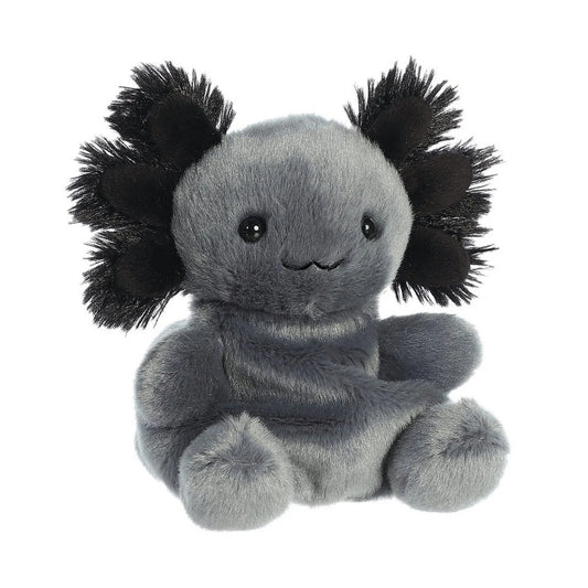 Aurora Palm Pals fekete axolotl plüss 13 cm méretben, puha szürke testtel, fekete bolyhos kopoltyúkkal és aranyos arckifejezéssel, fehér háttéren.