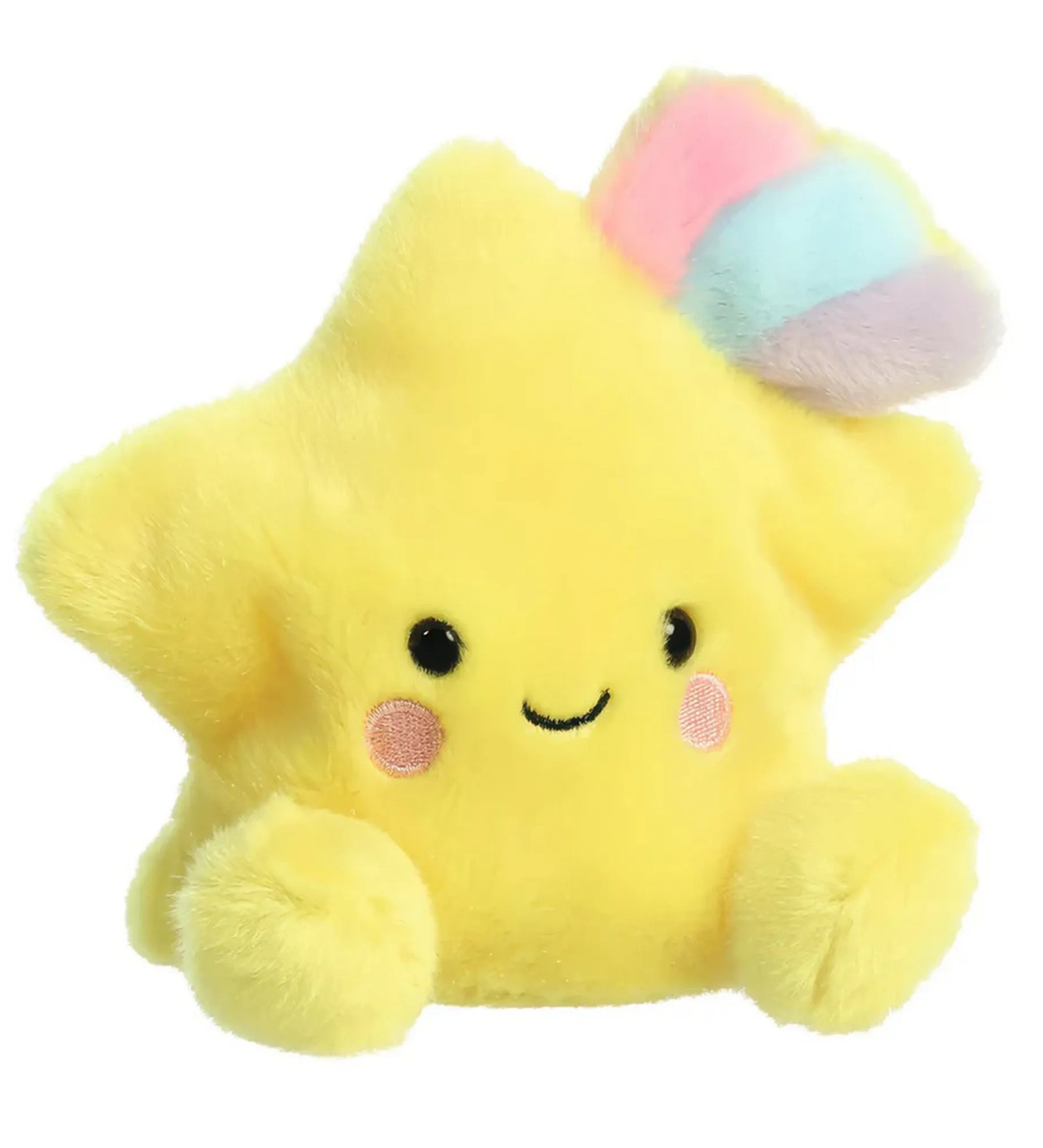 Aurora Palm Pals hullócsillag plüss figura 13 cm méretben, sárga csillag formával, mosolygós arccal és szivárvány színű részlettel fehér háttéren.