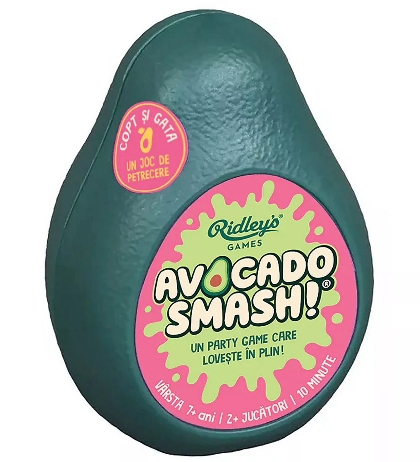 Az Avocado Smash! társasjáték avokádó formájú, zöld doboza elölnézetből, rózsaszín és zöld logóval, 7+ éves kortól, 2+ játékos részére.