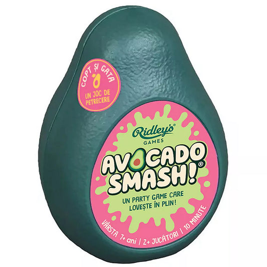 Az Avocado Smash! társasjáték avokádó formájú, zöld doboza elölnézetből, rózsaszín és zöld logóval, 7+ éves kortól, 2+ játékos részére.