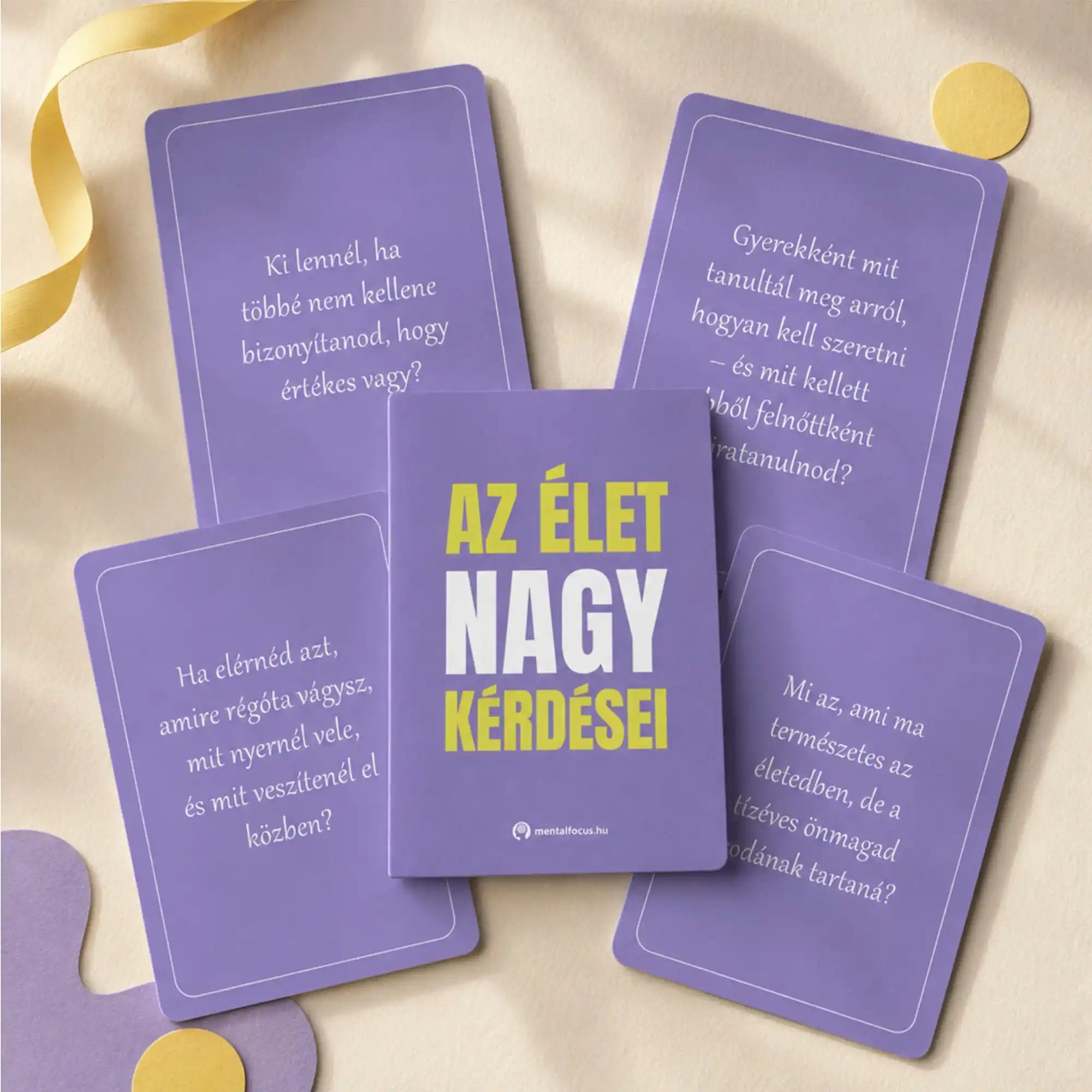 Lila beszélgetésindító kártyák elgondolkodtató kérdésekkel az életről
