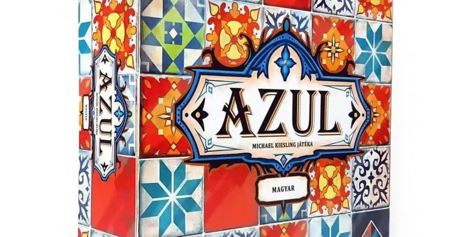 Azul magyar nyelvű társasjáték színes, portugál csempemintákkal díszített doboza.