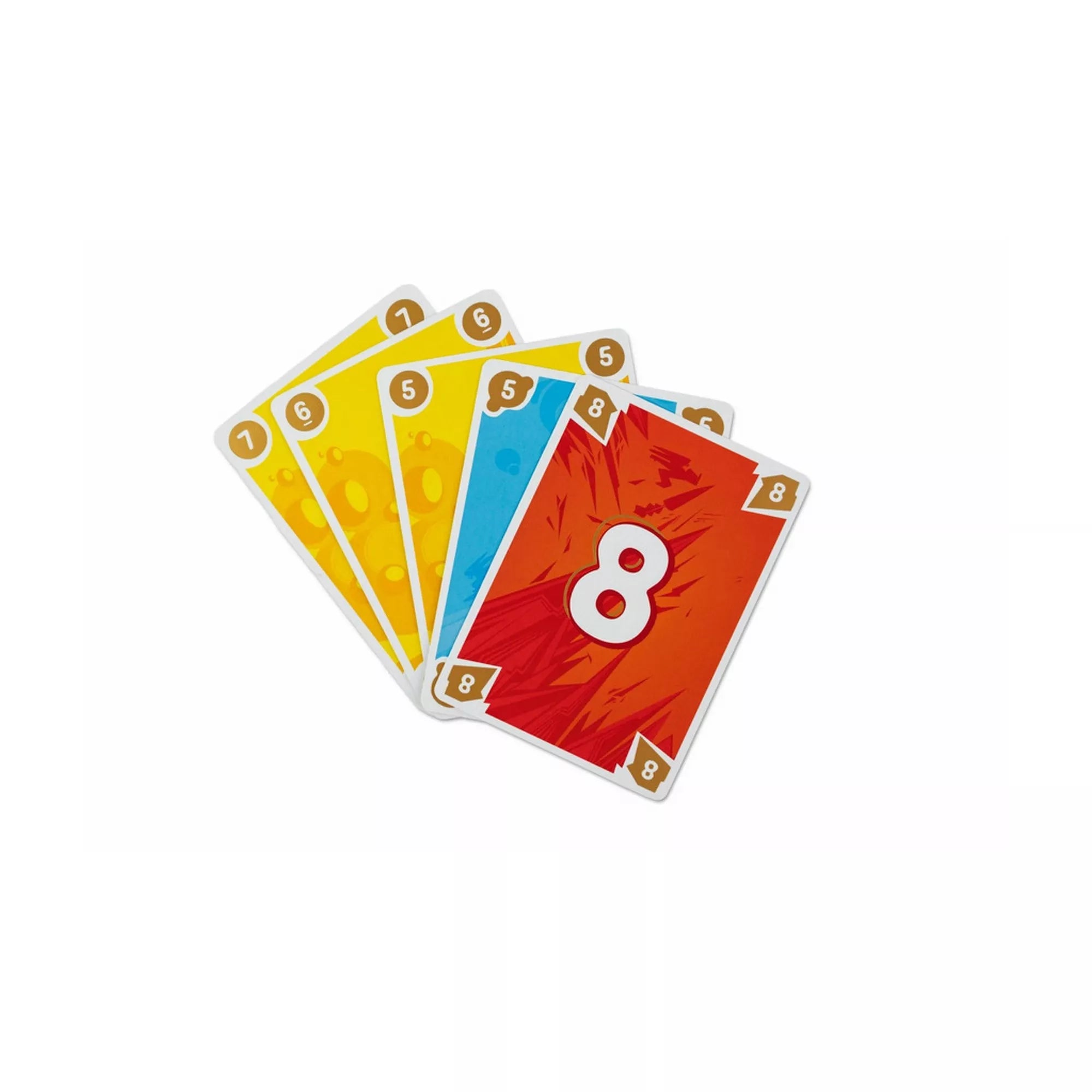 Közelről látható egy játékos kezében tartott öt Bango kártya különböző színekben: sárga, kék és piros. A lapok nagy, fehér számokkal vannak jelölve, ami könnyen olvashatóvá és vizuálisan figyelemfelkeltővé teszi őket.