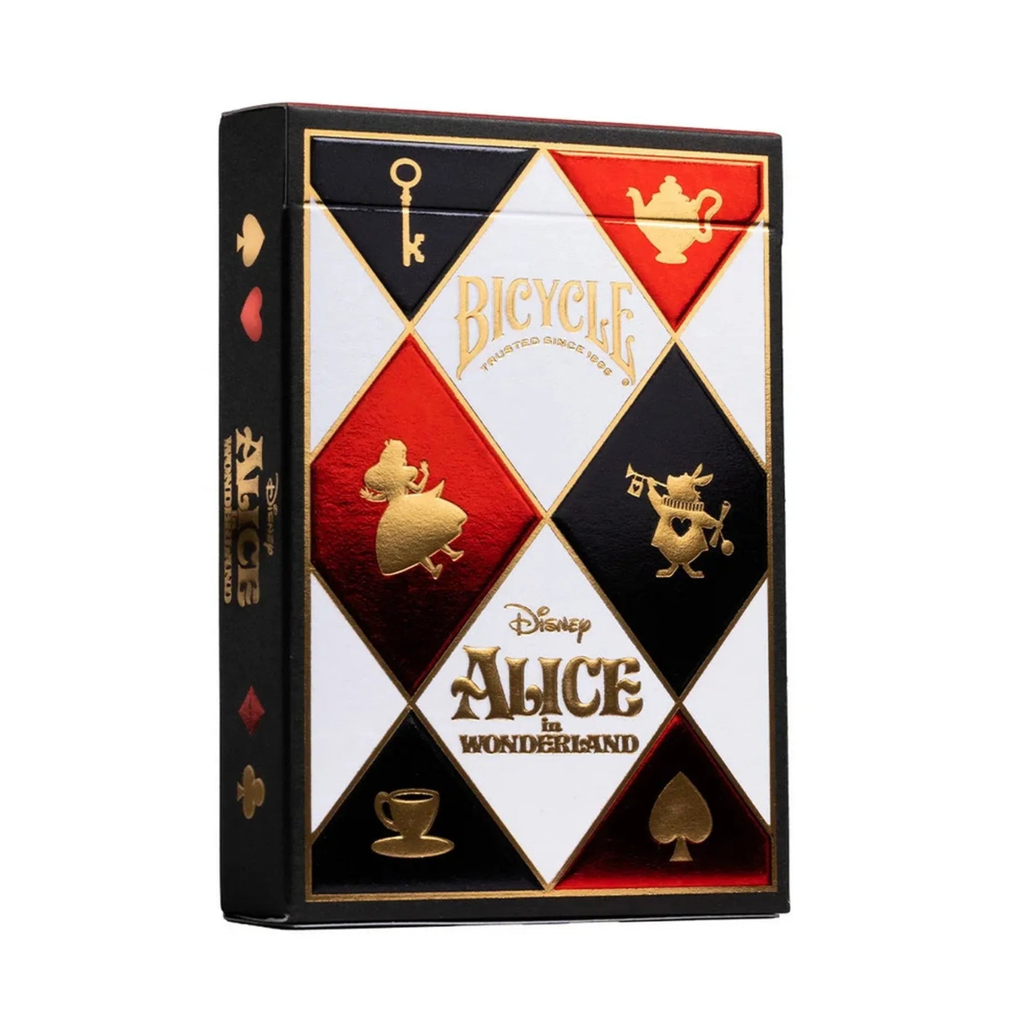 A Bicycle Disney Alice in Wonderland játékkártya díszdoboza fekete, piros és fehér rombuszmintával, aranyszínű Alice- és teáskanna-motívumokkal.