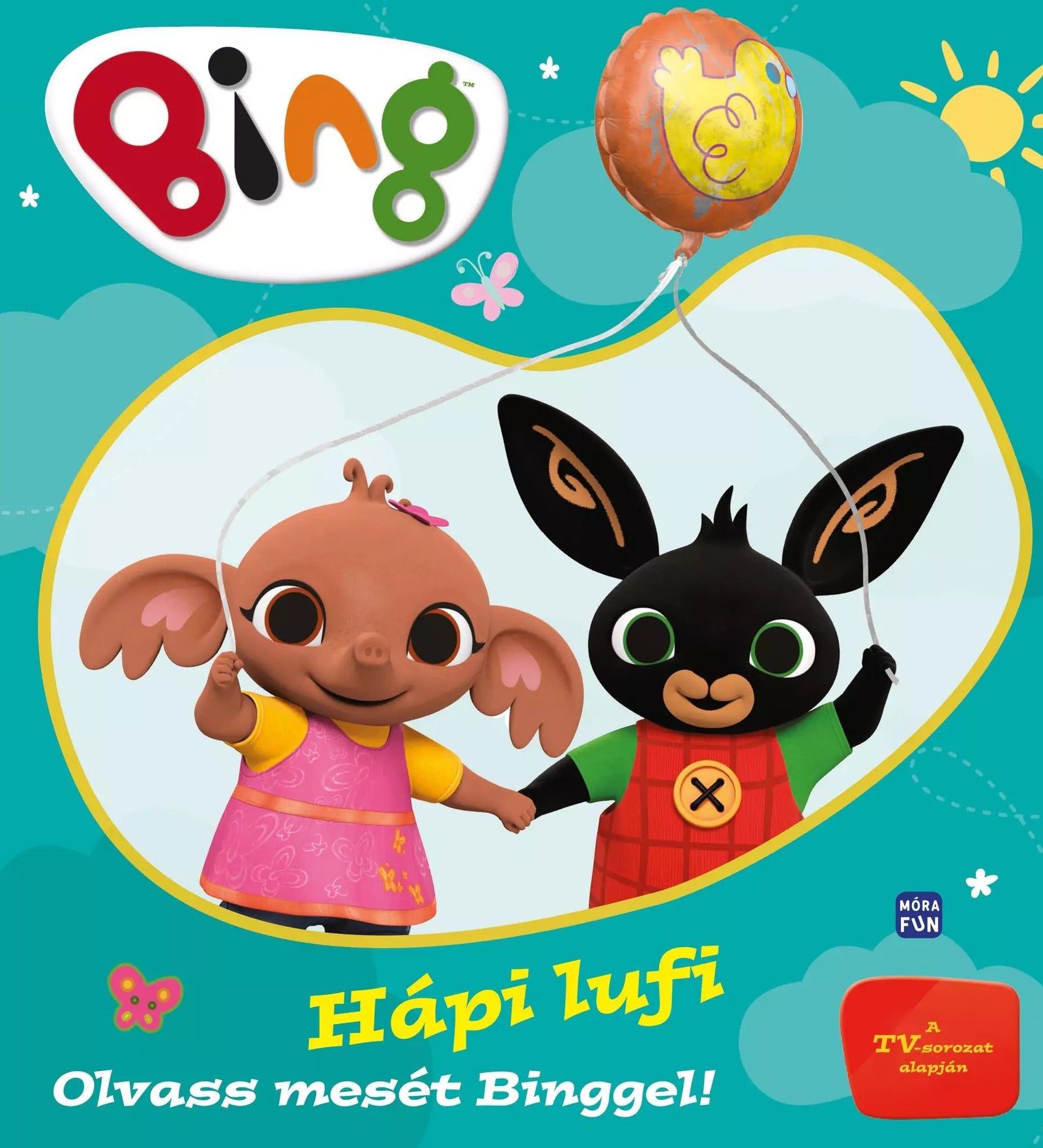 „Bing – Hápi lufi” című mesekönyv borítója, amelyen Bing nyuszi és barátja, Sula vidáman tartanak egy sárga kacsás lufit világoskék háttér előtt.