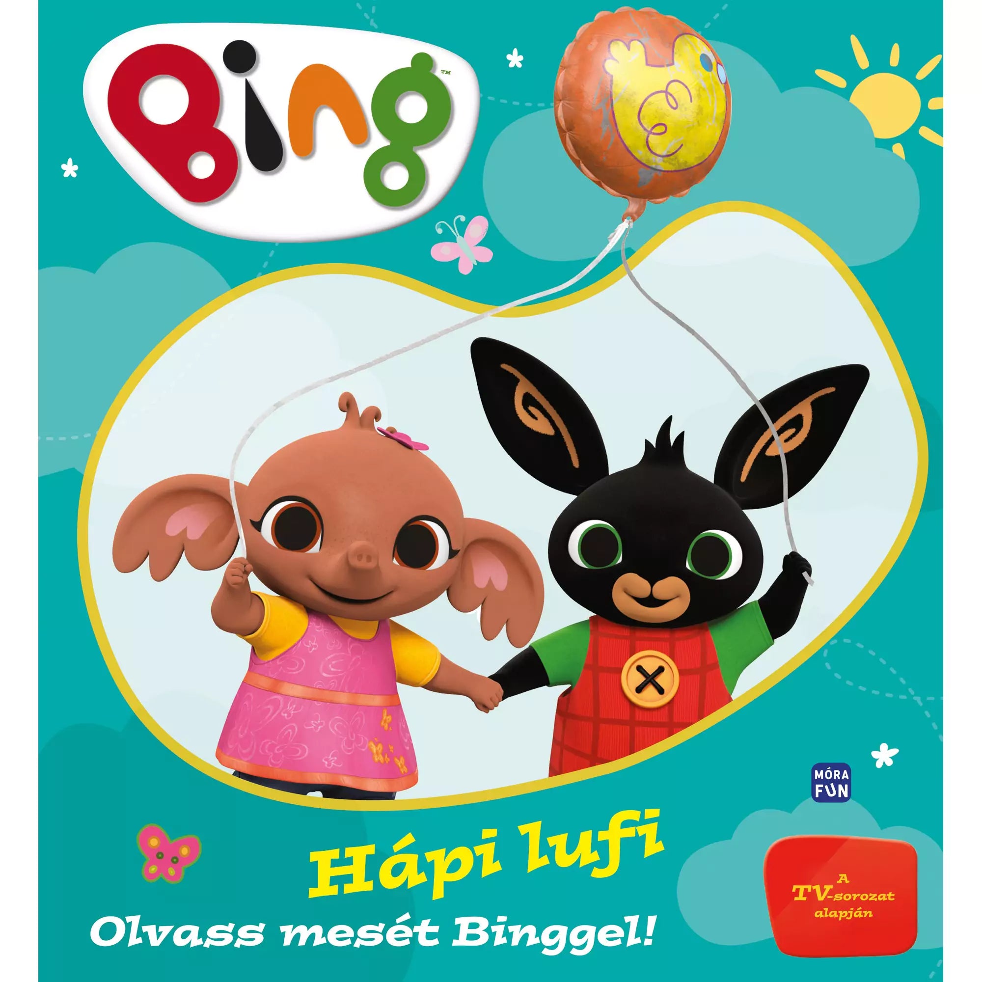 „Bing – Hápi lufi” című mesekönyv borítója, amelyen Bing nyuszi és barátja, Sula vidáman tartanak egy sárga kacsás lufit világoskék háttér előtt.
