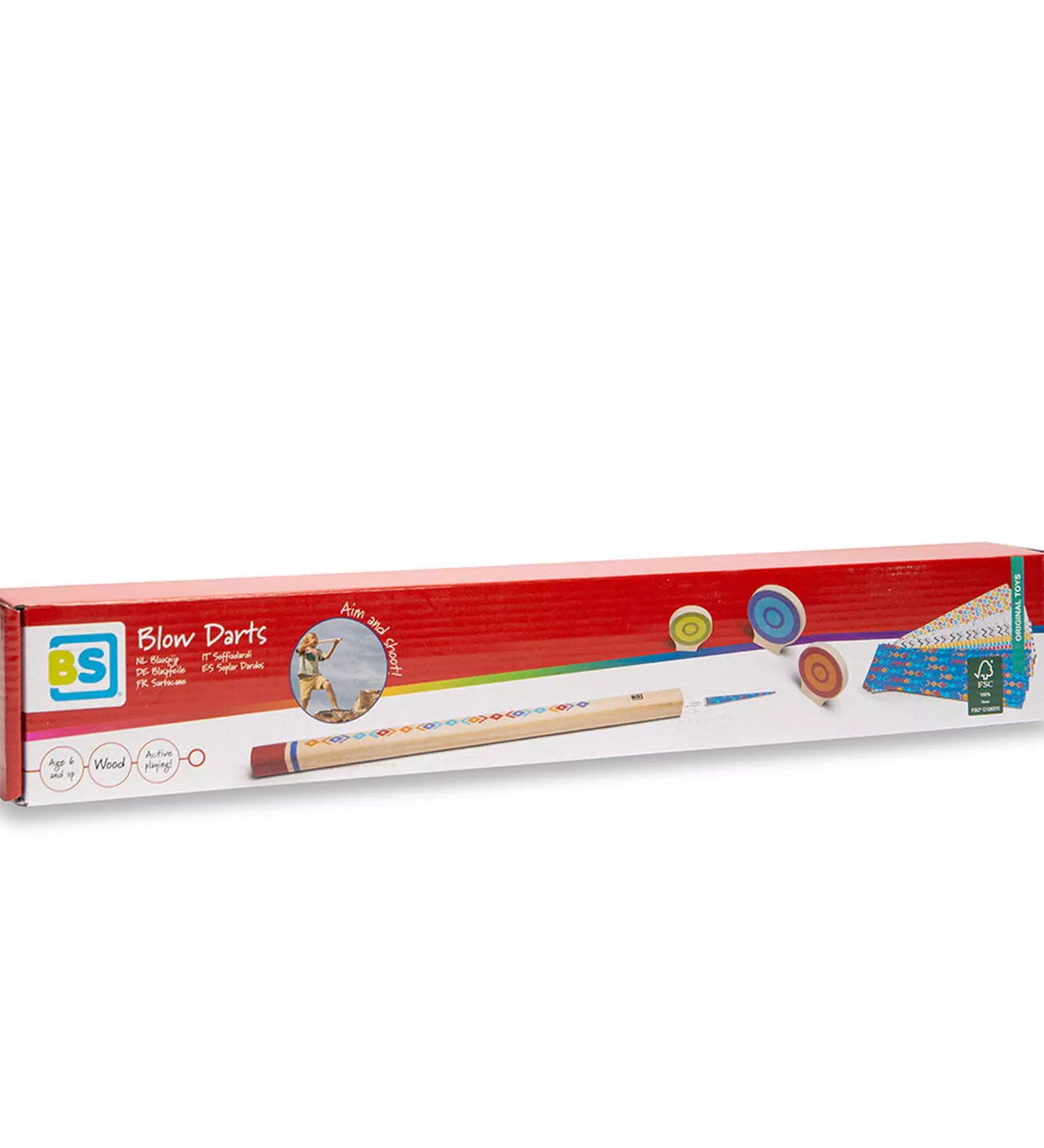 „Blow Darts, Fúvócsővel és nyilakkal játszható célba lövő játék BS Toys – színes dobozban, fa fúvócső és célpont illusztrációjával”