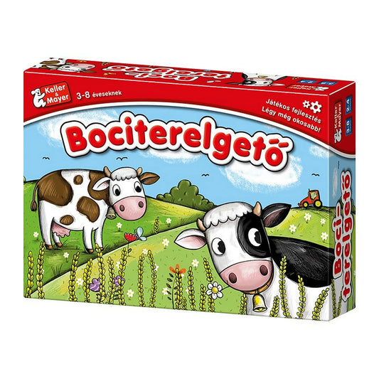 A Bociterelgető társasjáték doboza, rajta két aranyos rajzolt tehén és zöld legelős háttér, piros Keller & Mayer dizájnnal.