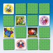 Bogyó és Babóca – Ki kicsoda? memóriajáték kártyarészletek: méhecske, katicabogár, pillangó és más rovaros párok zöld hátú lapok között.