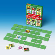 Bogyó és Babóca – Ki kicsoda? memóriajáték kiterítve: zöld hátú kártyák között felfordított mesefigurás és rovarfotós párok láthatók, a doboz a háttérben.