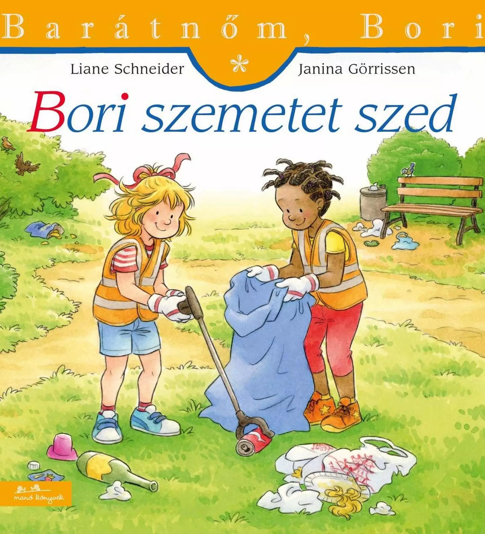 A „Bori szemetet szed” könyv borítója, amelyen Bori és barátja narancssárga mellényben, kesztyűvel szemetet gyűjtenek egy parkban.