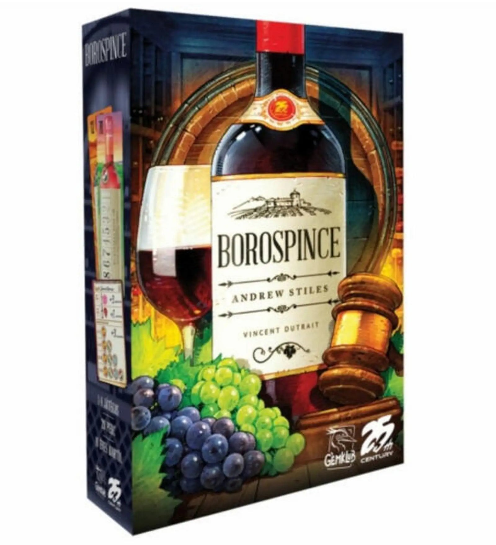 Borospince társasjáték doboza borospalackkal, borospohárral, szőlőfürtökkel és hordóval illusztrálva, elegáns borospince hangulatban