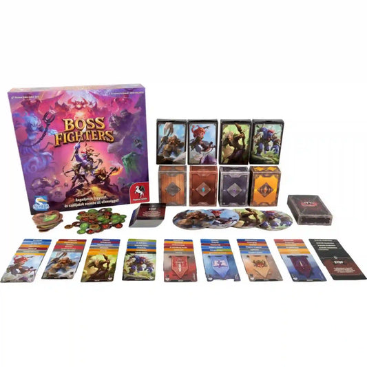 Boss Fighters magyar nyelvű társasjáték doboza és tartalma, karakterkártyákkal, kártyapaklikkal, színes jelölőkkel és szabálysegédletekkel.