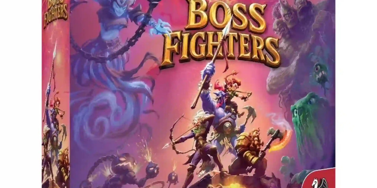 Boss Fighters magyar nyelvű társasjáték doboza, fantasy harcosokkal, szörnyekkel és lila-vörös háttérrel.