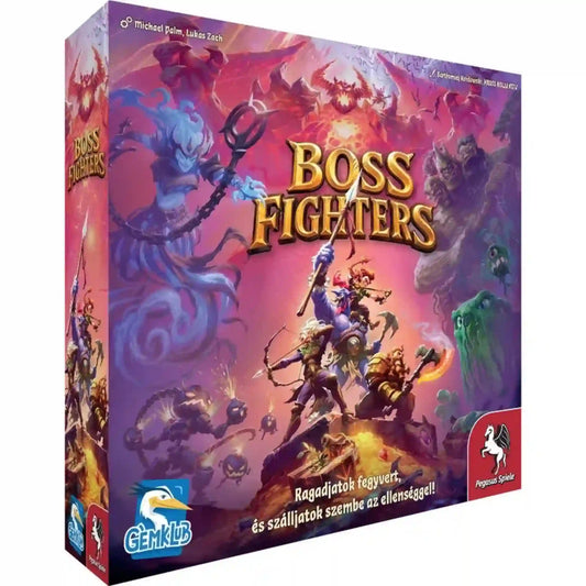 Boss Fighters magyar nyelvű társasjáték doboza, fantasy harcosokkal, szörnyekkel és lila-vörös háttérrel.