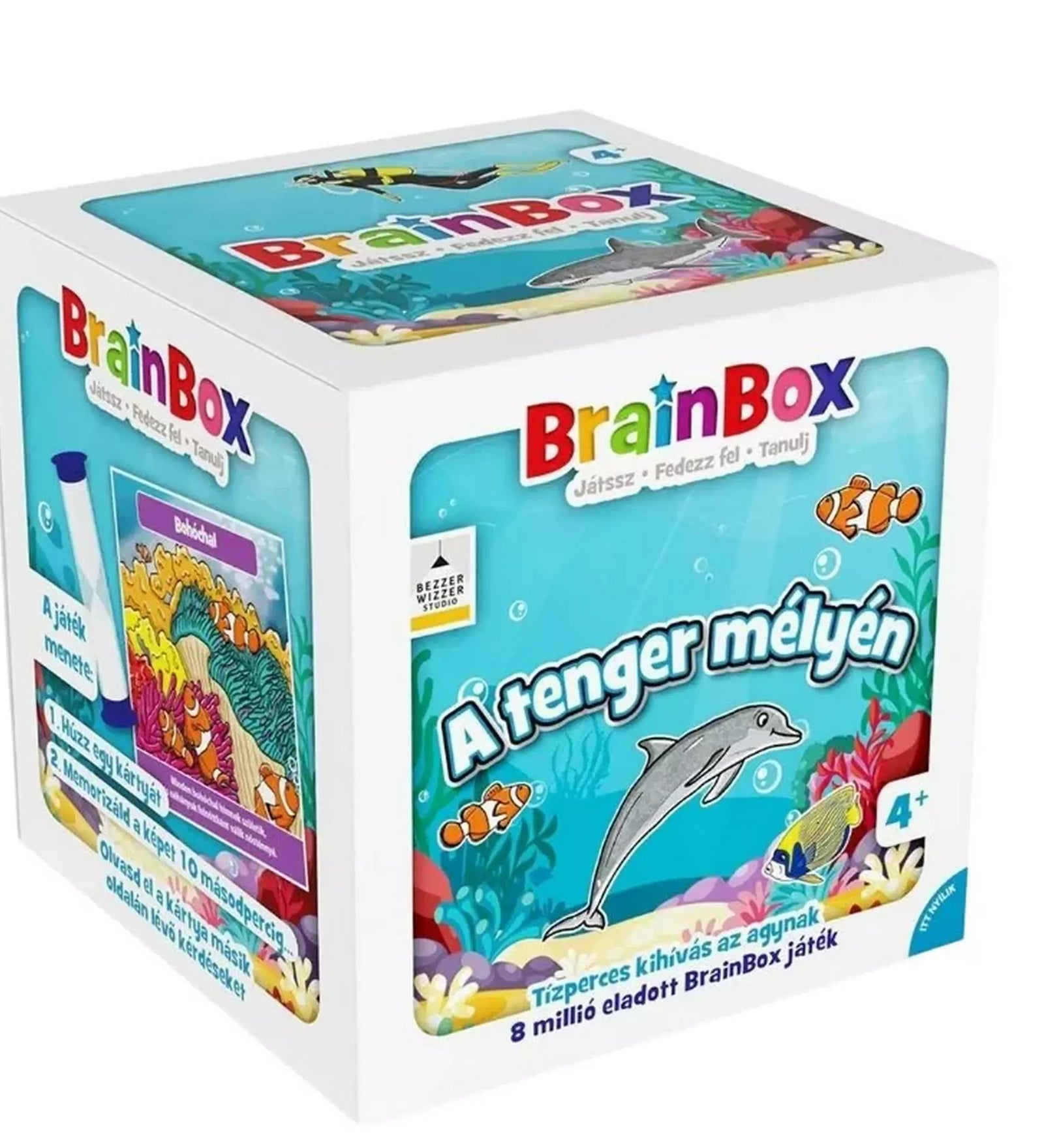 BrainBox A tenger mélyén társasjáték doboz, delfinekkel, bohóchalakkal és színes korallzátonnyal.