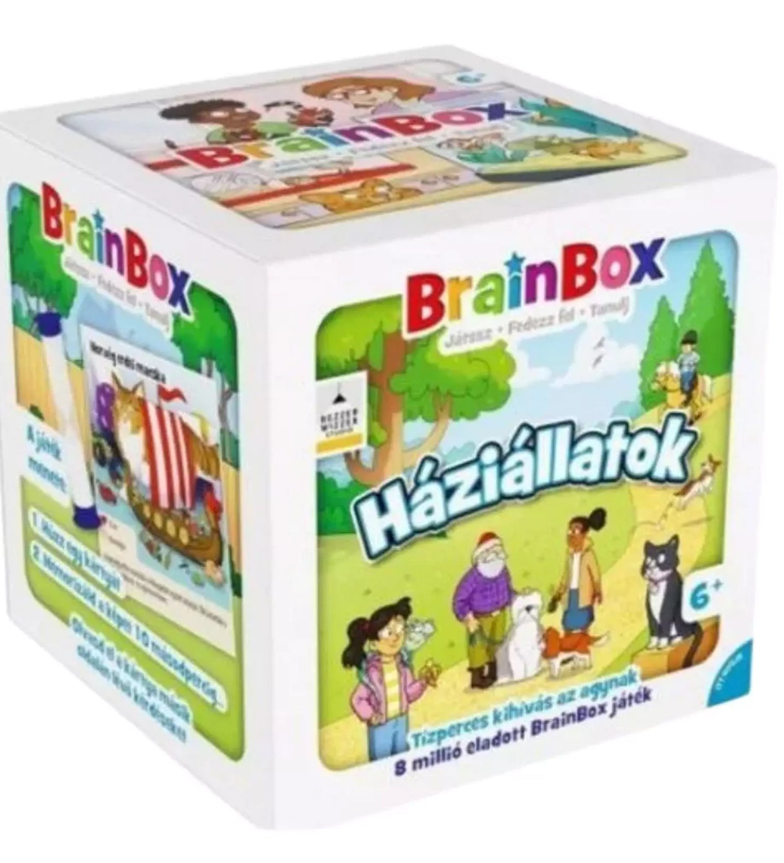 BrainBox Háziállatok társasjáték doboz, illusztrált állatokkal és a játék logójával.