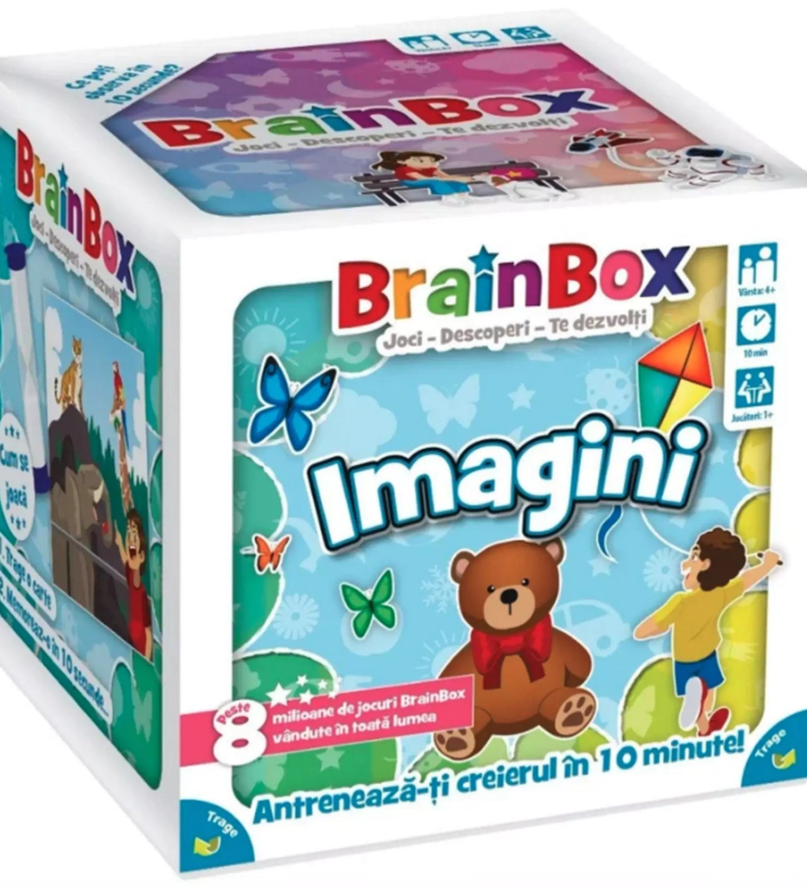 A BrainBox Imagini társasjáték színes doboza, középen egy plüssmackóval és repülő sárkánnyal díszítve, kék háttérrel és pillangókkal.