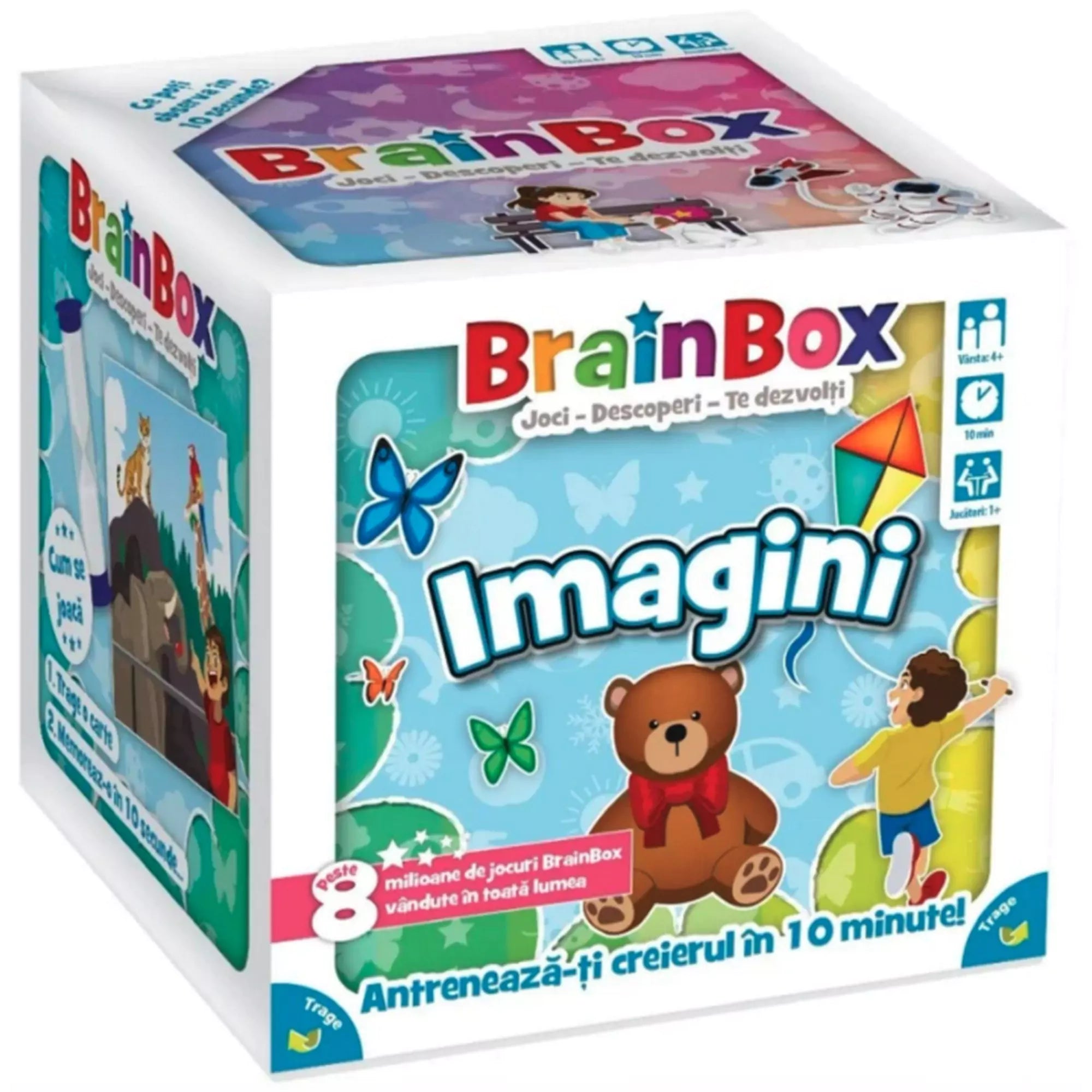 A BrainBox Imagini társasjáték színes doboza, középen egy plüssmackóval és repülő sárkánnyal díszítve, kék háttérrel és pillangókkal.