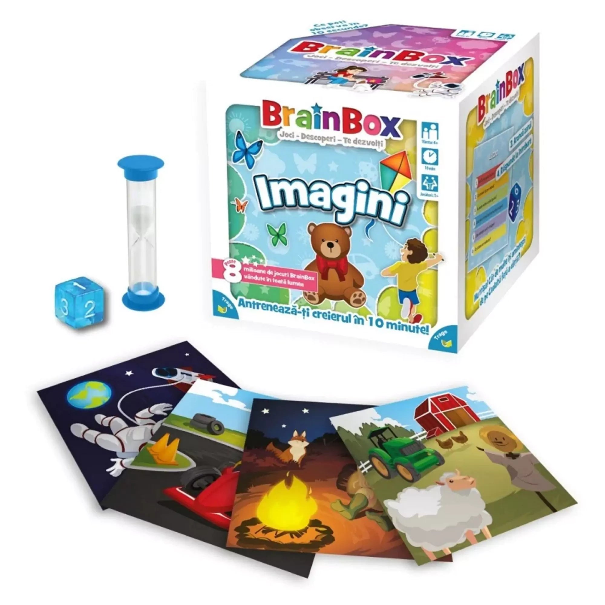 A BrainBox Imagini társasjáték doboza homokórával, dobókockával és több színes képkártyával, amelyek űrhajóst, tábortüzet, traktort és tanyasi jeleneteket ábrázolnak.