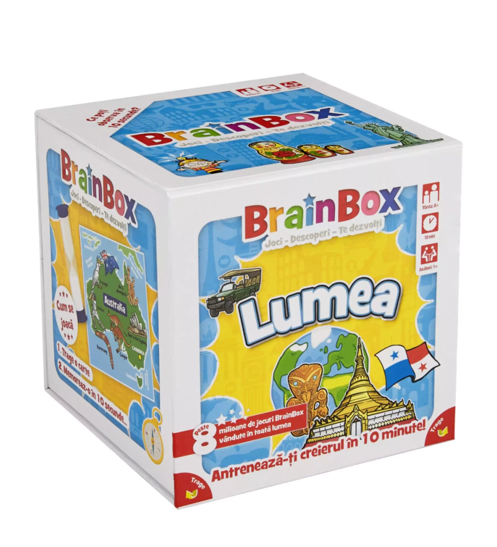A BrainBox Lumea játék doboza enyhén oldalnézetből, ahol jól kivehető az egyik oldalon található Ausztrália tematikájú kártya és a „Hogyan játszunk?” felirat.