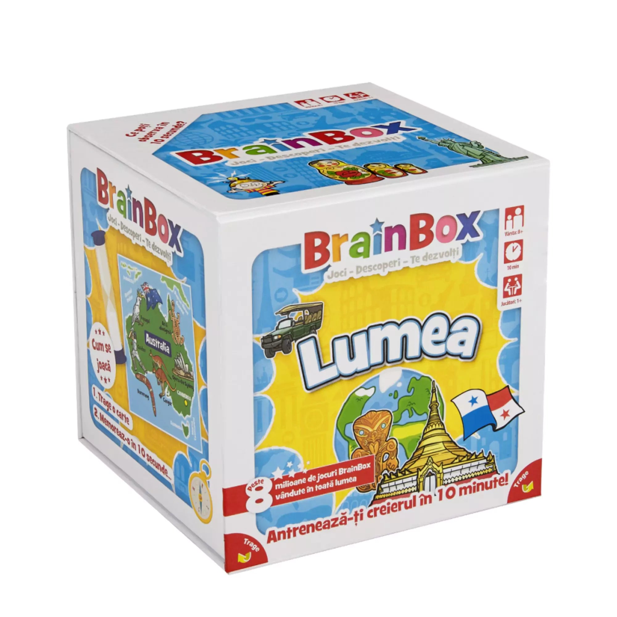 A BrainBox Lumea játék doboza enyhén oldalnézetből, ahol jól kivehető az egyik oldalon található Ausztrália tematikájú kártya és a „Hogyan játszunk?” felirat.