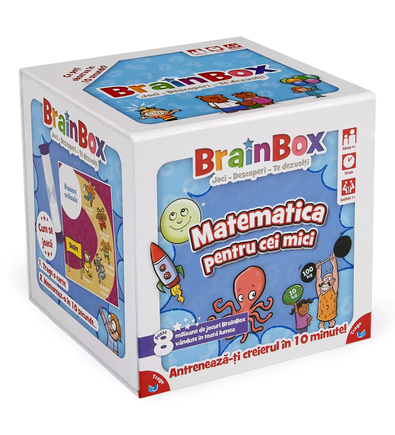  A BrainBox – Matematica pentru cei mici játék doboza előnézetben, színes rajzokkal és vidám karakterekkel, köztük egy polippal és egy rakétával, kék háttéren.