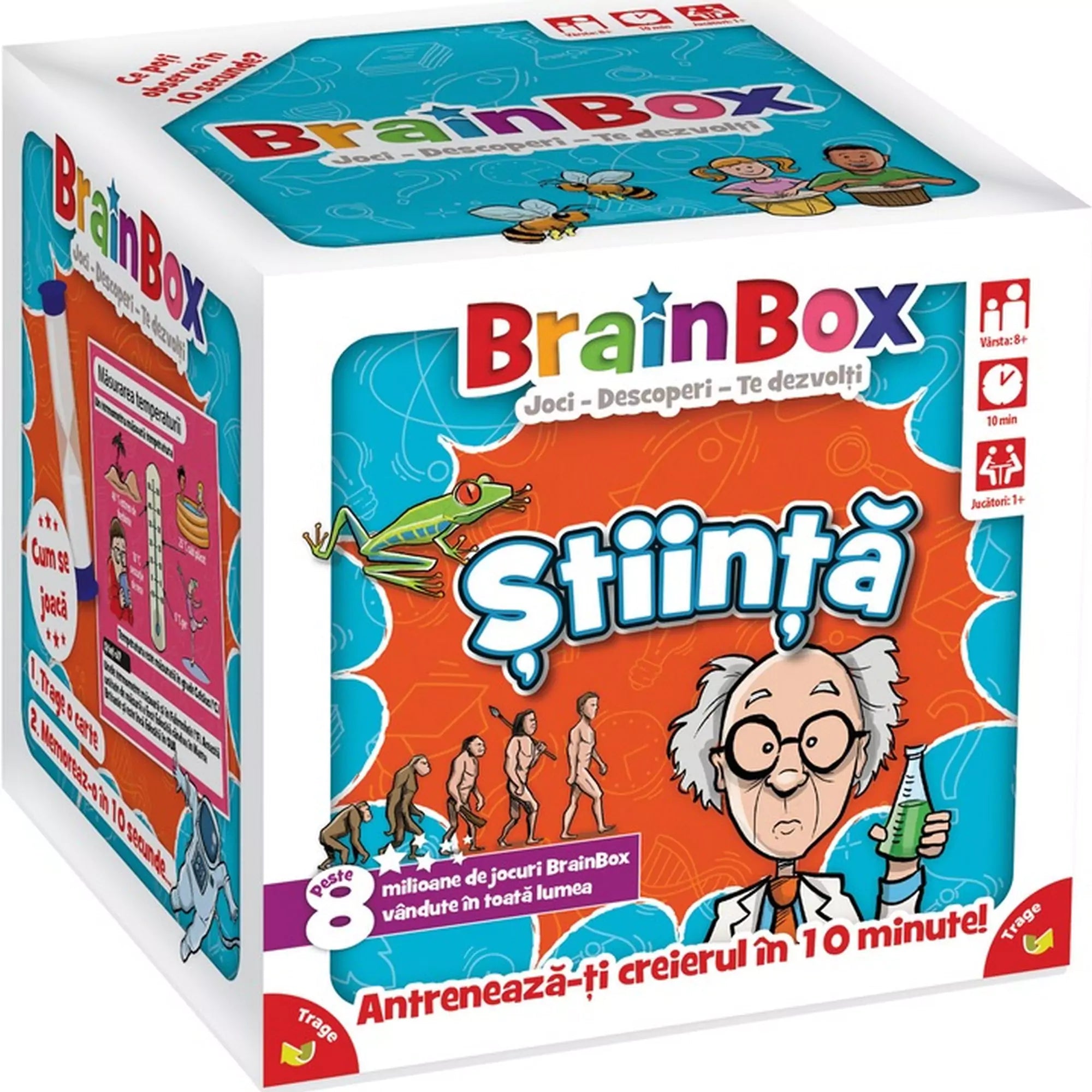 A BrainBox: Știință oktatójáték doboza enyhén oldalról fényképezve, a bal oldalon a játékszabályok bemutatása látható illusztrációval, a frontoldalon pedig a jól ismert tudósfigura és „Știință” felirat.