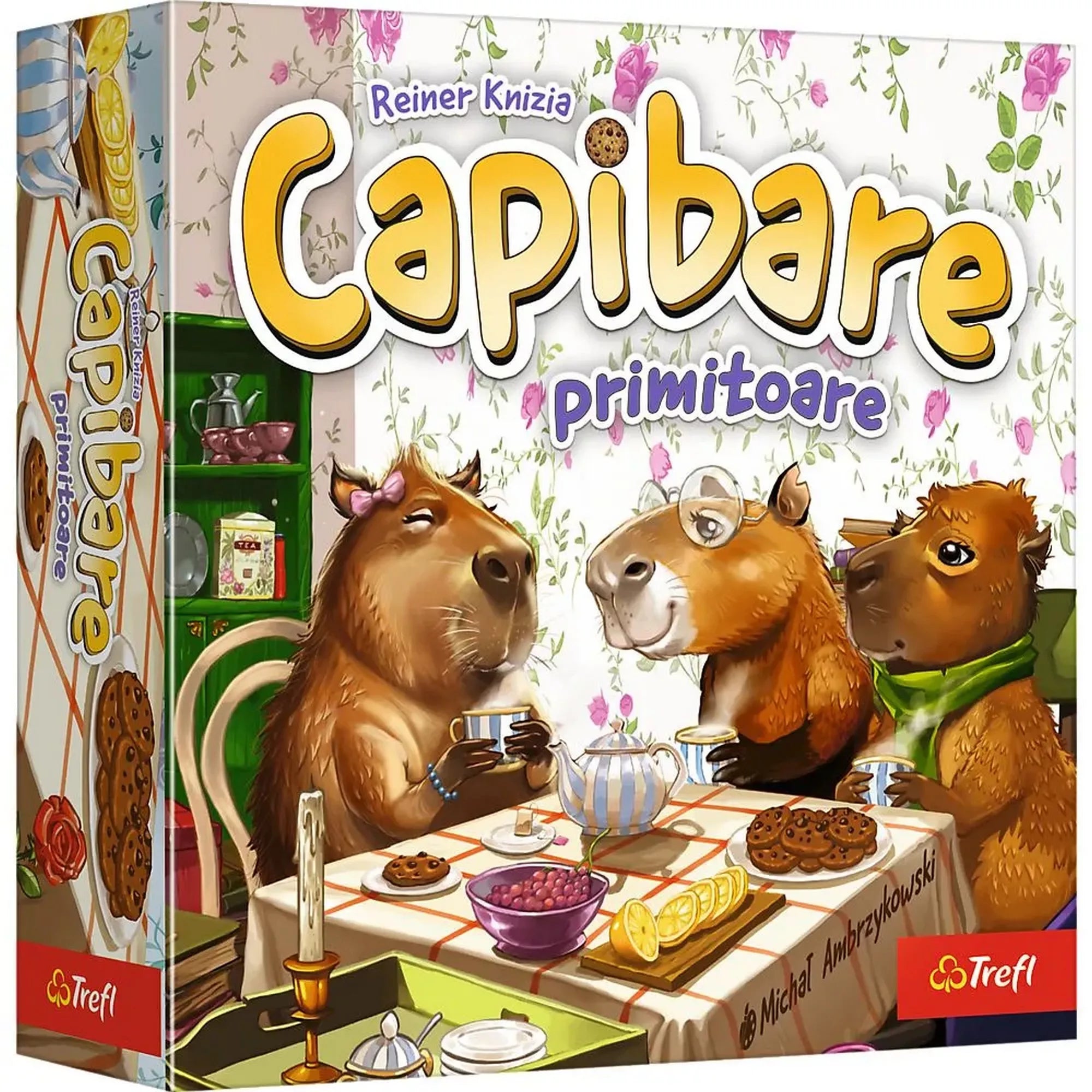 Capibare primitoare társasjáték doboza, teázó kapibarákkal, Reiner Knizia játéka, Trefl kiadás
