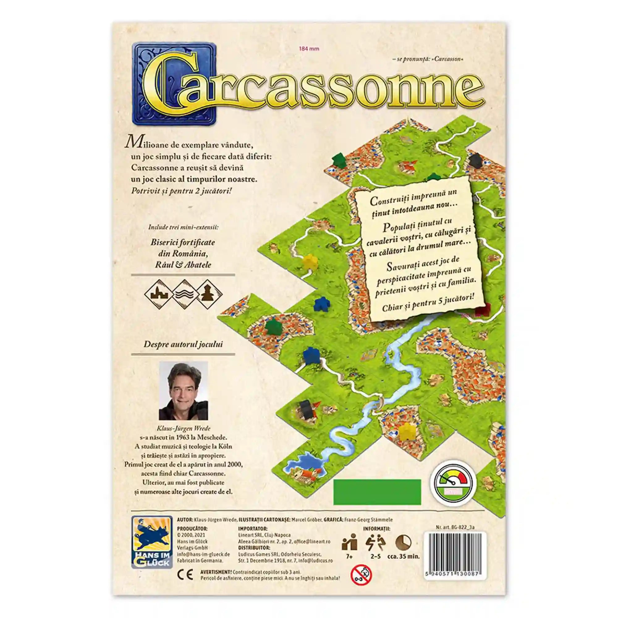 A Carcassonne a romániai erődtemplomok kiegészítővel, román nyelvű társasjáték hátoldala játéktérrel, szabályismertetővel és romániai mini kiegészítővel.