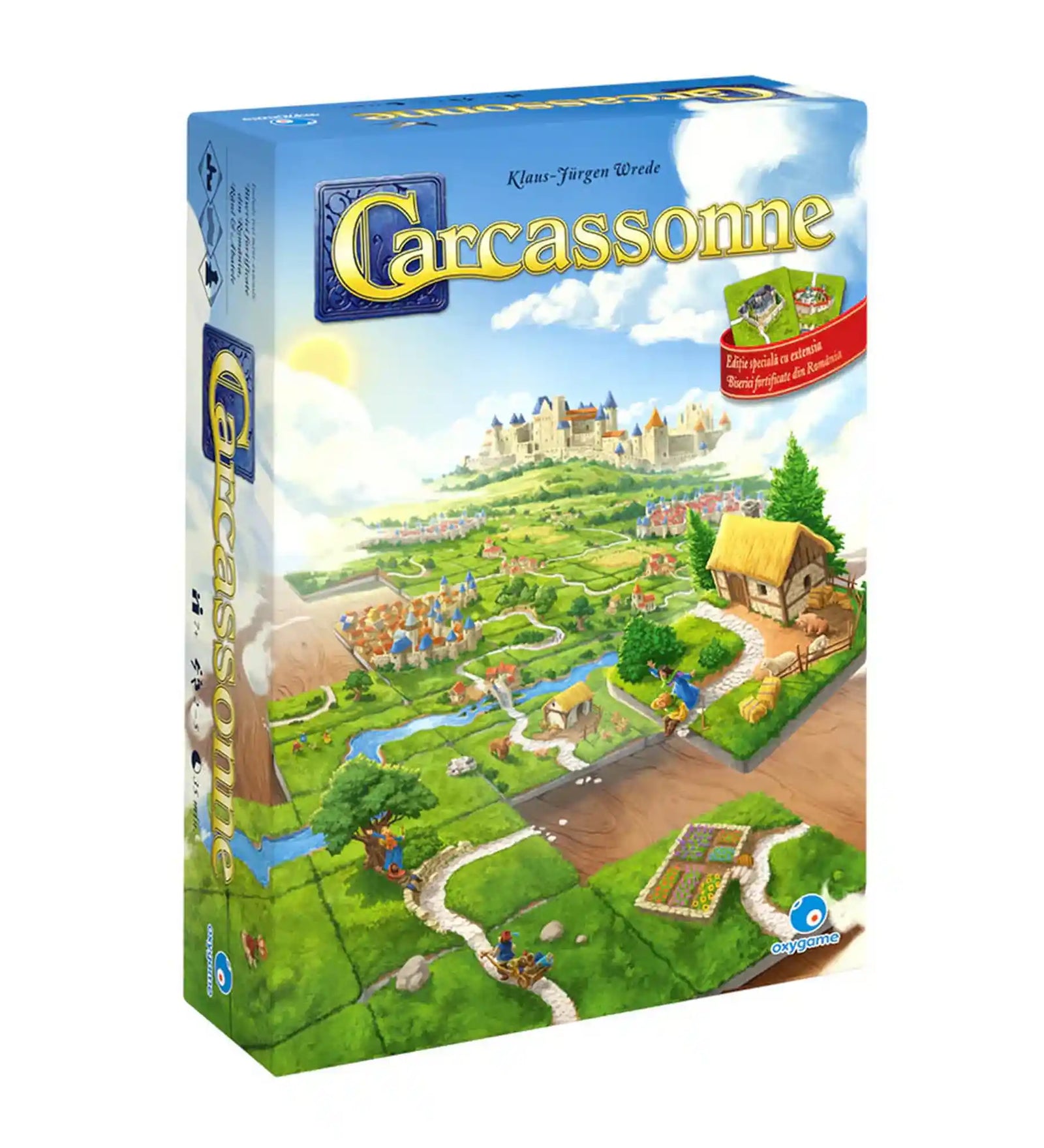 A Carcassonne a romániai erődtemplomok kiegészítővel, román nyelvű társasjáték dobozképe középkori tájjal és városépítő játékelemekkel.