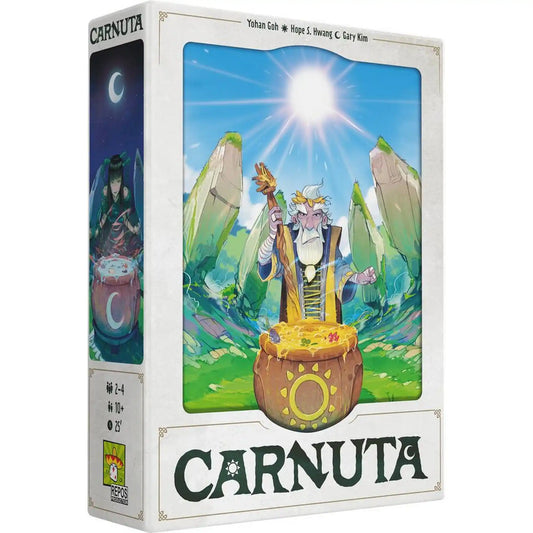 Carnuta társasjáték dobozkép varázslóval és üsttel, fantázia illusztrációval.