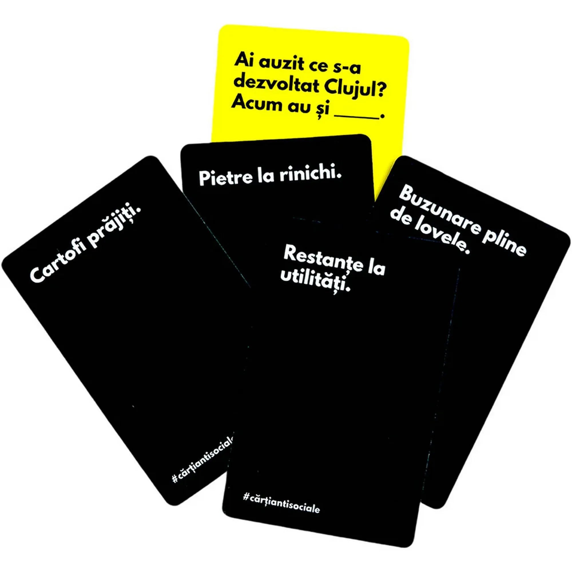 Cărți Anti Sociale román nyelvű kérdés- és válaszkártyák humoros példákkal és partijáték mechanikával.