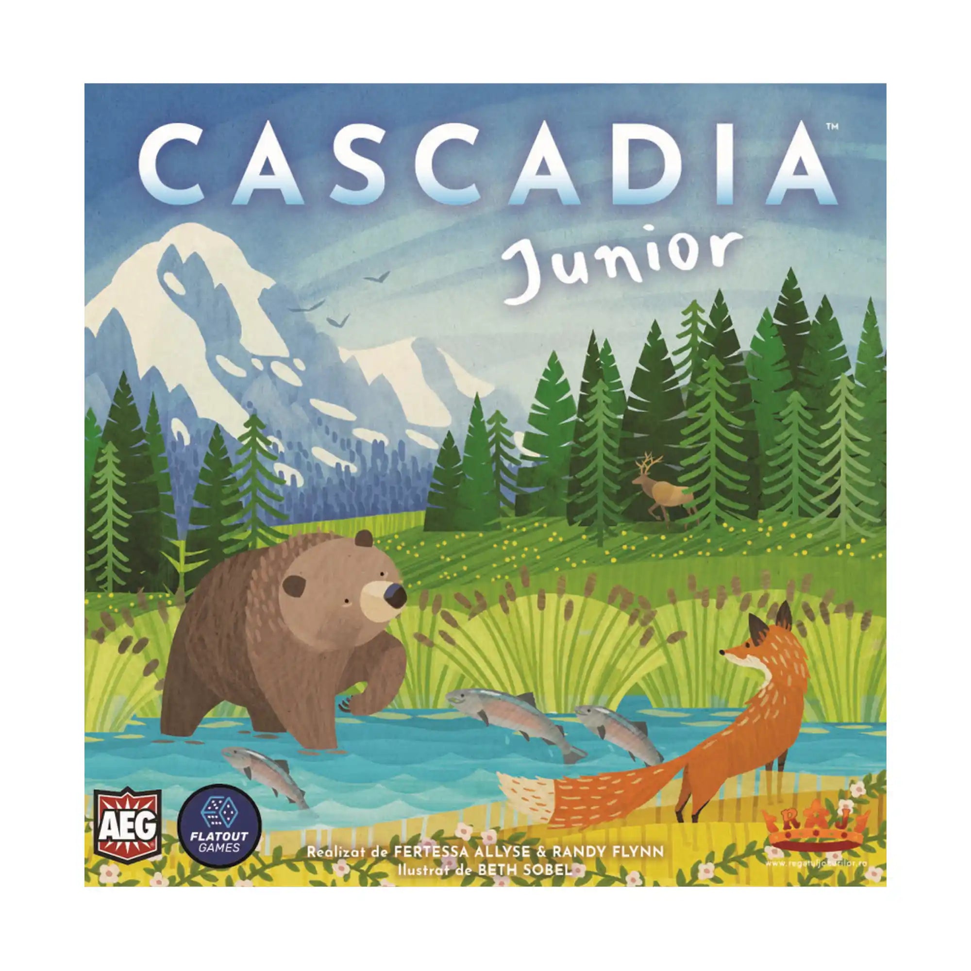 Cascadia Junior román nyelvű társasjáték doboza, erdei állatokkal és hegyvidéki tájjal.