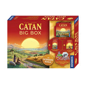 A Catan Big Box társasjáték doboza, amely tartalmazza az alapjátékot, a 5–6 fős kiegészítőt és bónusz forgatókönyveket. A naplementés Catan táj látványa dominál a csomagoláson.