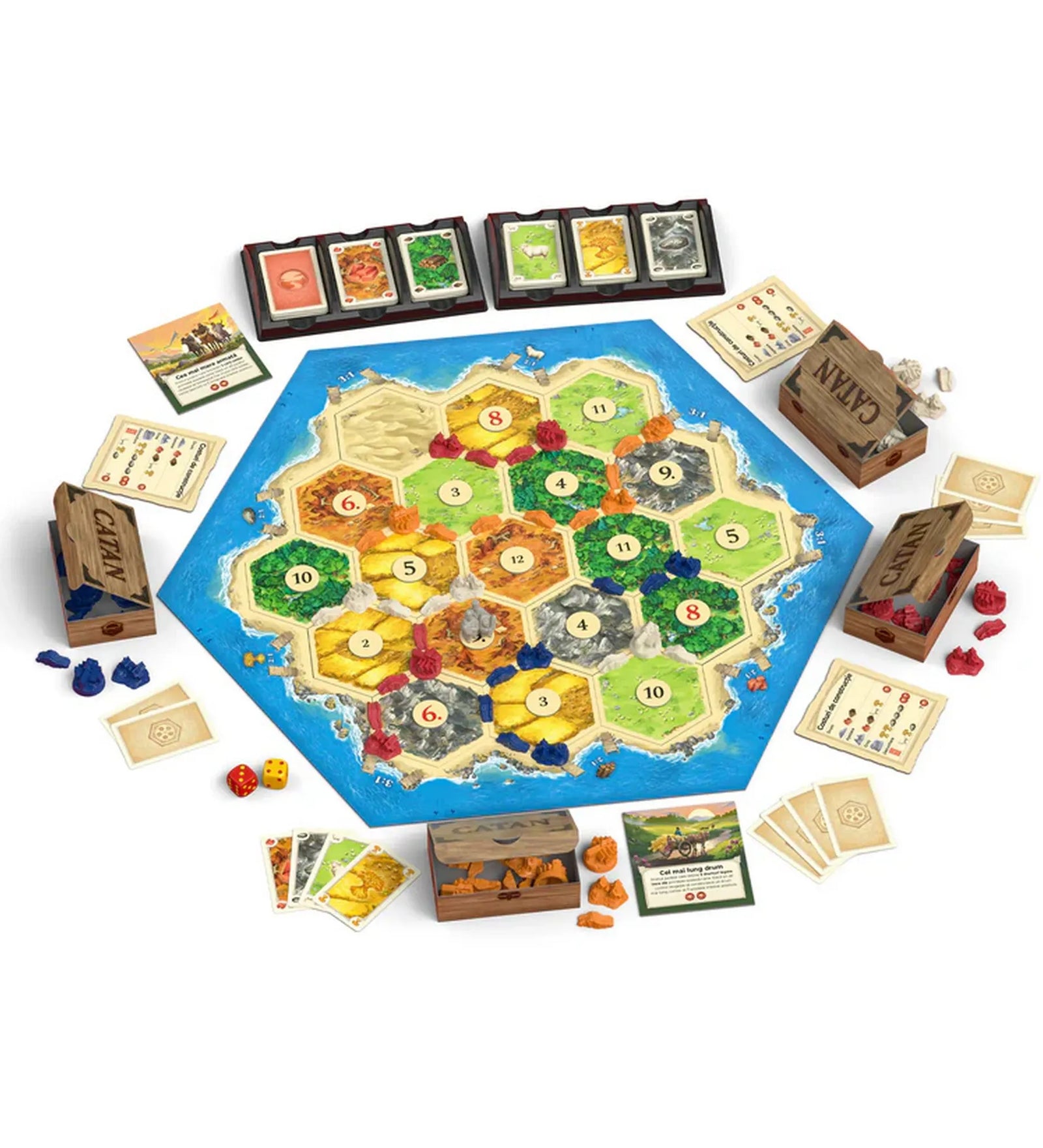 A Catan Big Box társasjáték teljes játéktáblája felépítve, hatszögletű mezőkkel, erőforráskártyákkal, dobókockákkal és színes játékfigurákkal elrendezve.