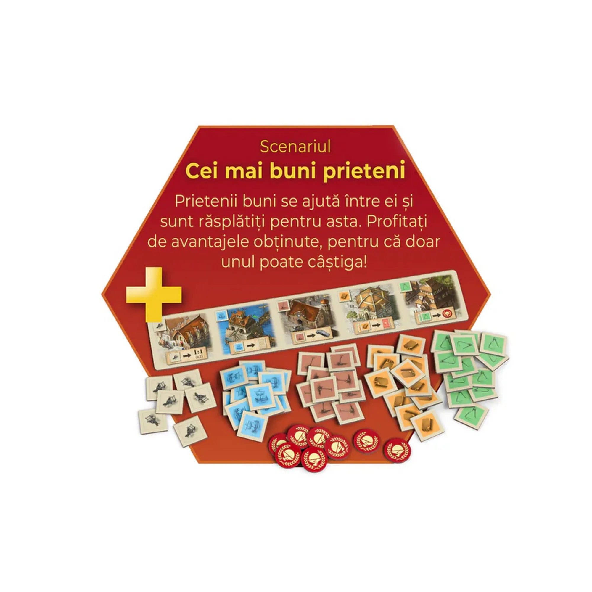 A Catan Big Box „Legjobb barátok” forgatókönyve, új lapkákkal és jelölőkkel, amelyek a baráti együttműködést és stratégiai előnyöket emelik ki a játékban.