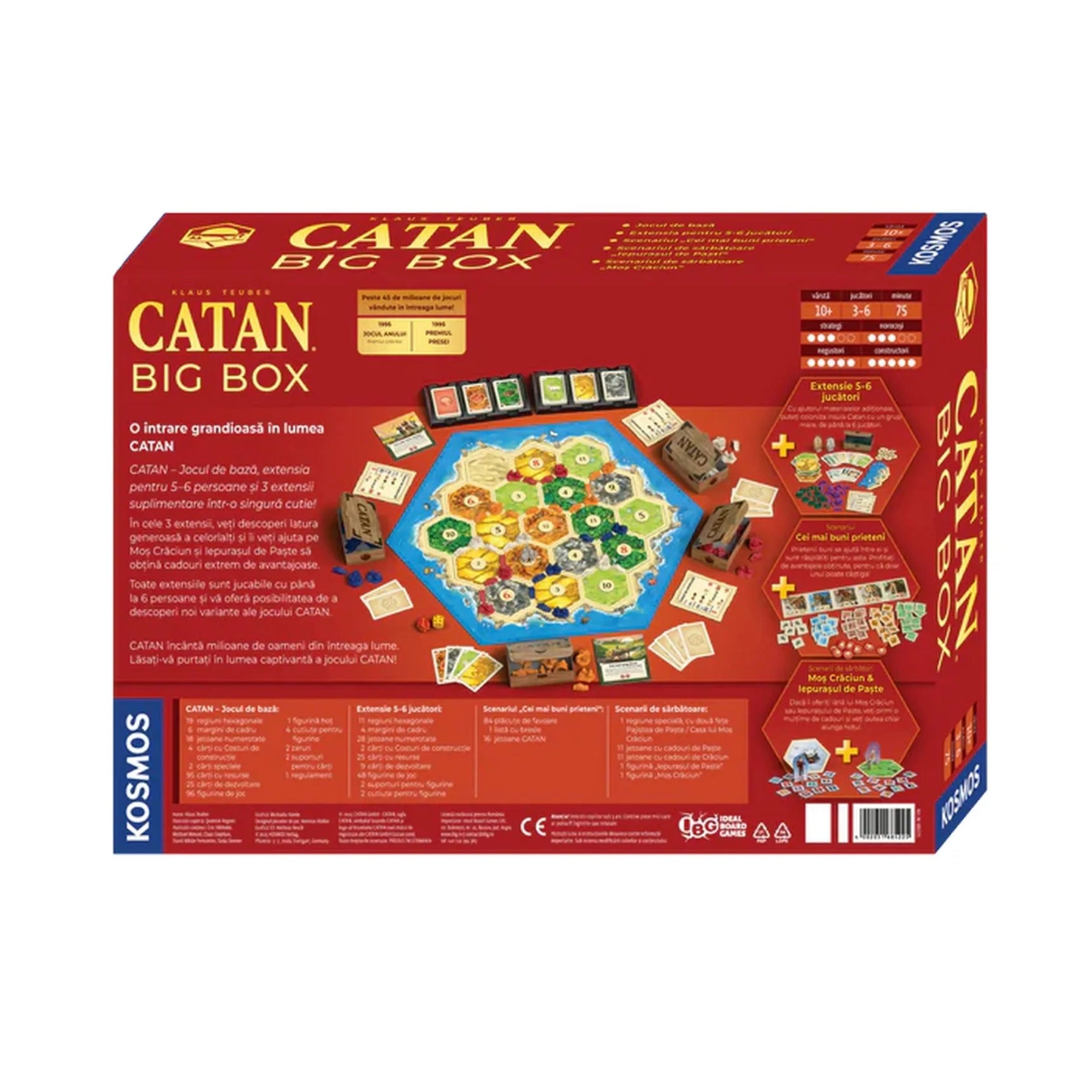 A Catan Big Box társasjáték dobozának hátoldala, amely bemutatja a játéktábla elemeit, kiegészítőit és a tartalom részletes leírását.