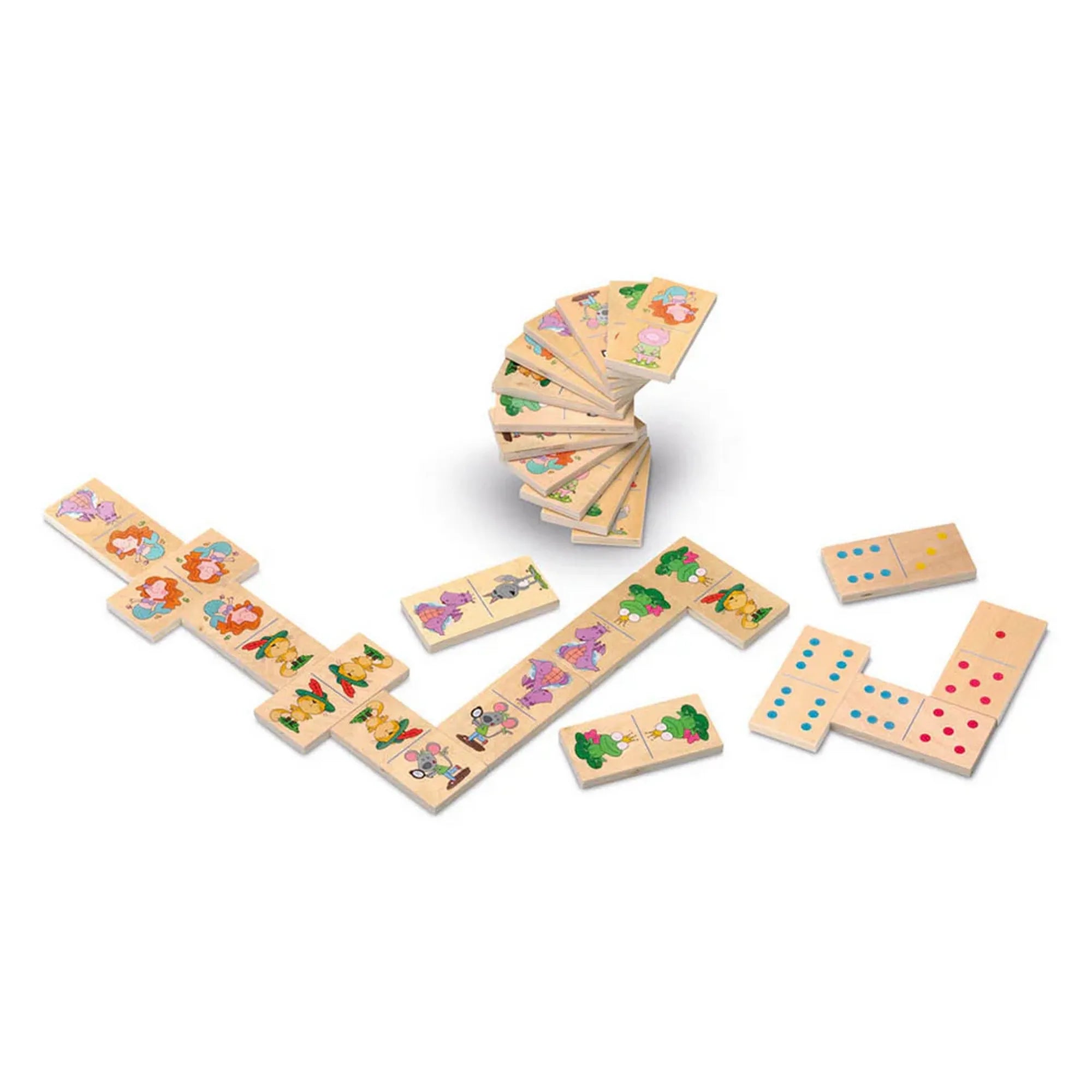 Cayro Domino Kids XL dominó játék elrendezett fa lapokkal, karakteres illusztrációkkal és klasszikus pontozású dominó elemekkel.