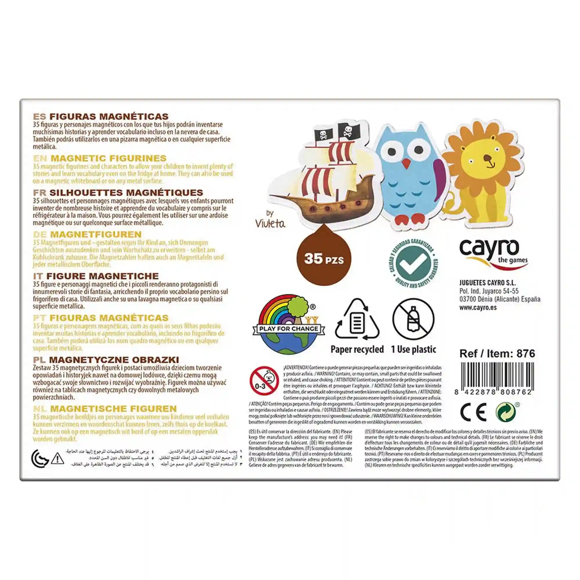 Cayro mágneses figurák doboz hátoldala, többnyelvű leírás, 35 darabos készlet és termékinformációk