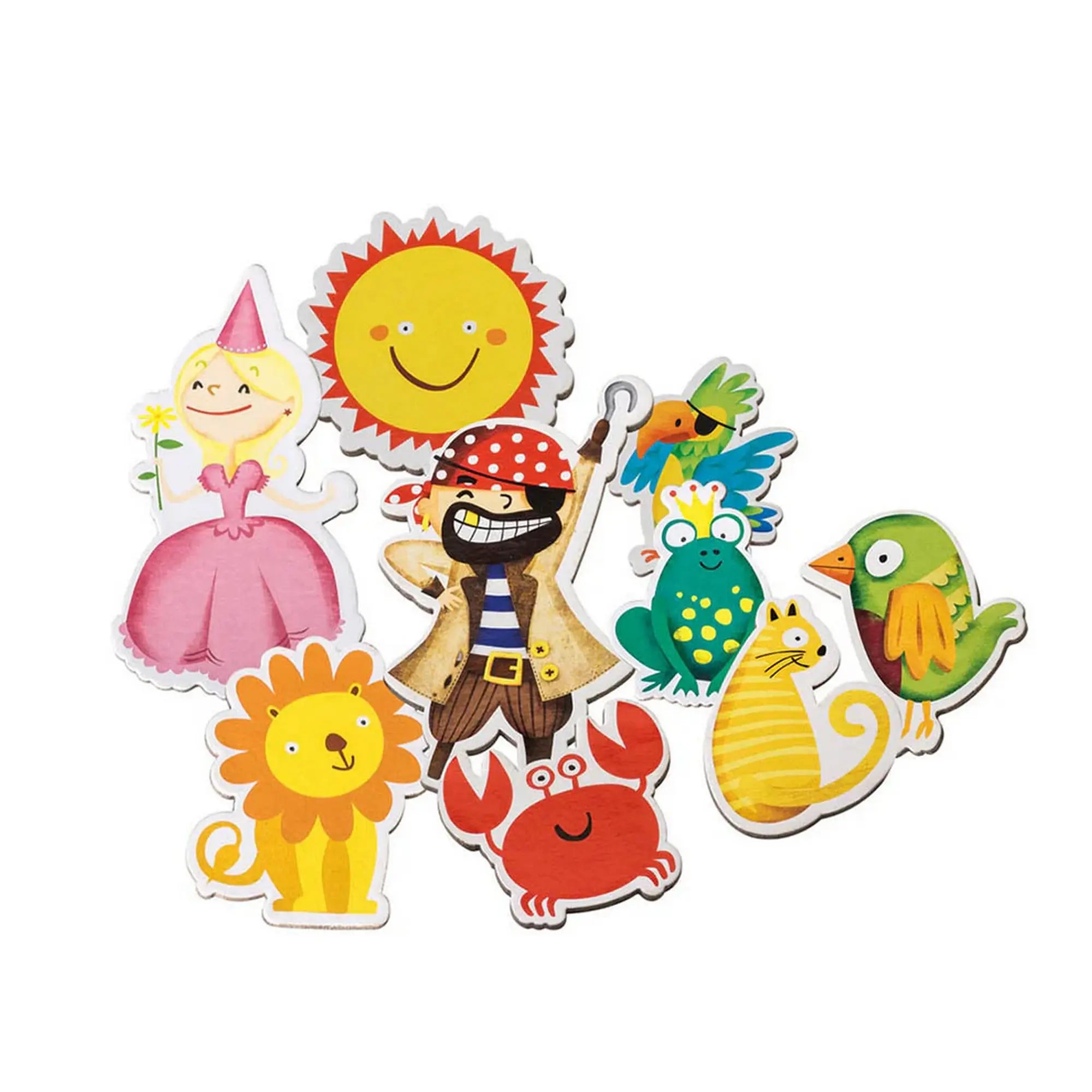 Cayro mágneses figurák gyerekeknek, színes mese karakterek, hercegnő, kalóz, nap, állatok és vidám minták