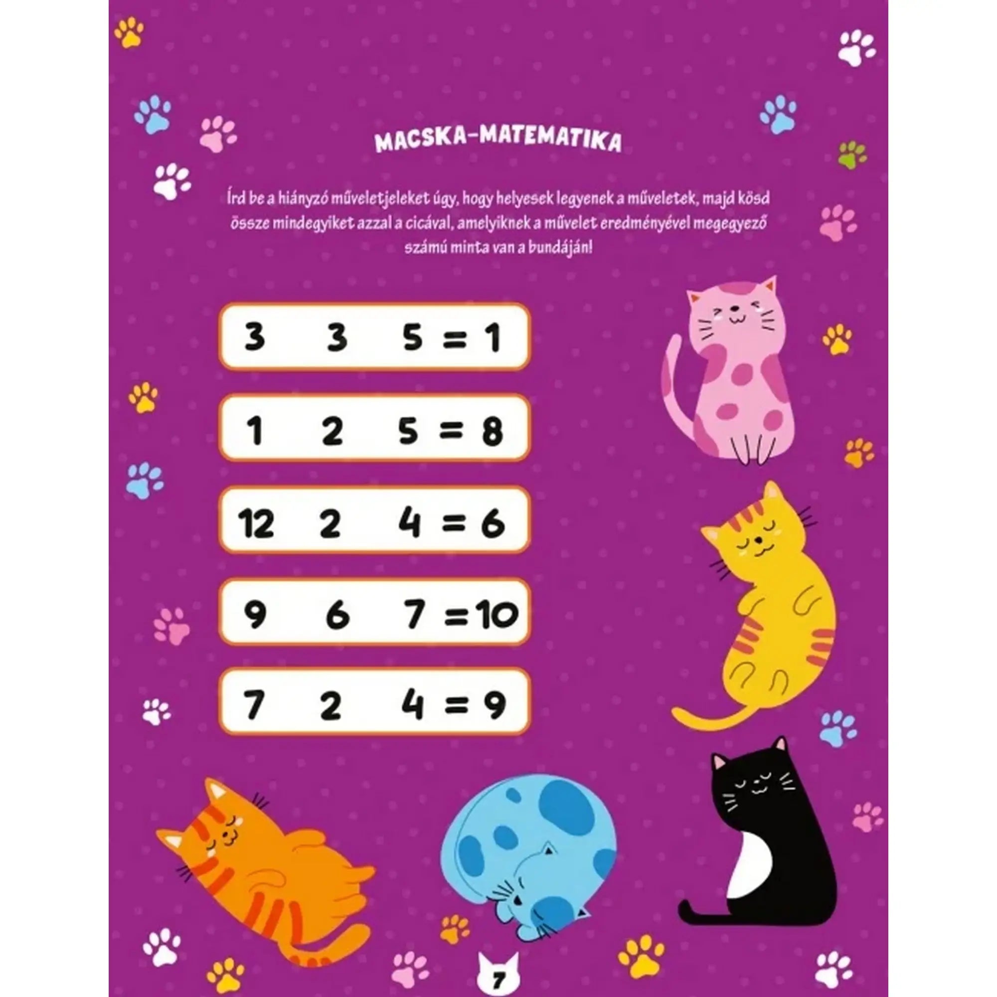 Cicák – Mókás játékok foglalkoztató matematikai feladat cicás illusztrációkkal.