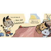 Cicus elalszik – a kiscica izgatottan ébreszti szüleit reggel, miközben ők álmosan fekszenek az ágyban, az éjjeliszekrényen ébresztőóra.