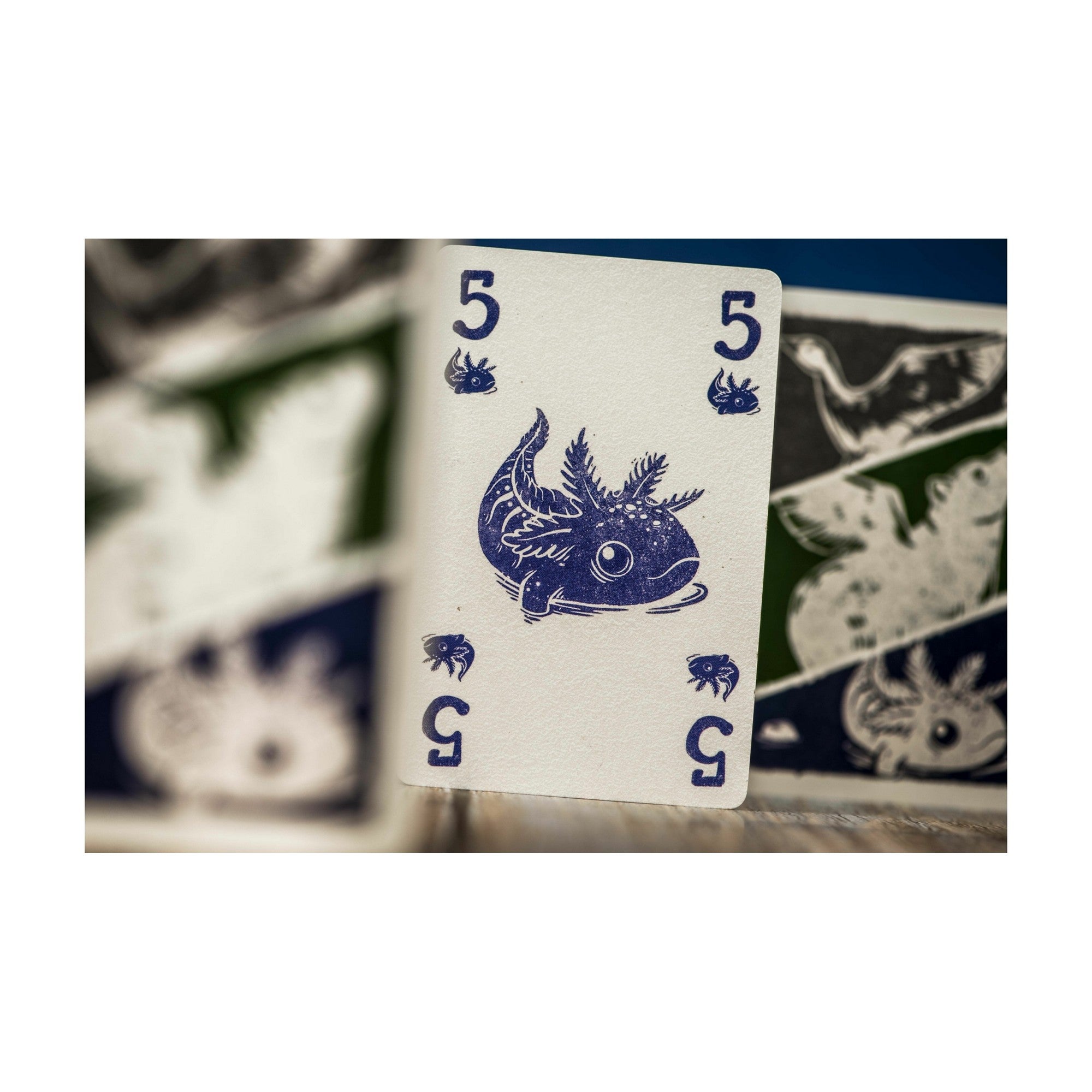 Cirkádia kék axolotl kártyája közelről, természet ihlette háttérrel.